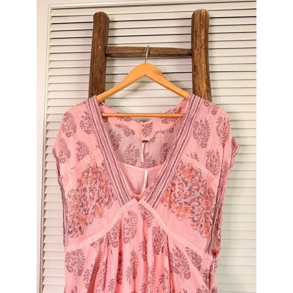 Free People Midi Dress Womens XL Pink Paisley Embroidered Boho Gauze - Picture 3 of 4